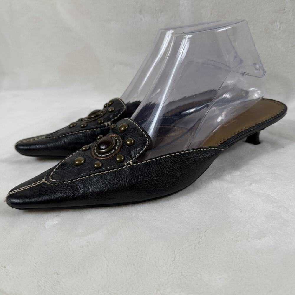 Unisa Black Leather Studded Pointed Toe Kitten Heels Mules 7.5 Y2K